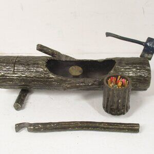 Vintage Steel Log Ashtray with Axe, Match Holder & Bottle Opener 10 1/2 Inches